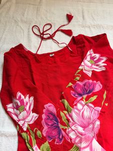 Vibrant Floral Red Kurta with tie up back