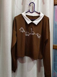 Dino Graphic Collar Long Sleeve Top