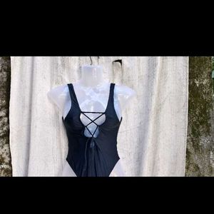 New Women's Black Lace-Up One-Piece Swimsuit