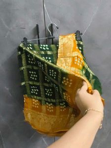 Green &amp; Yellow Bandhani Saree with Blouse