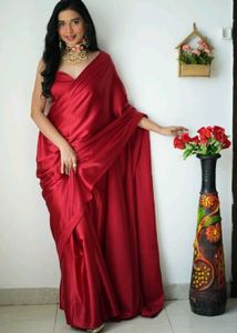 Elegant Red Satin Silk Saree With Large Size Blous