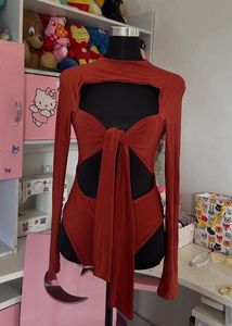 Rust Cutout Tie Front and Backless Bodysuit