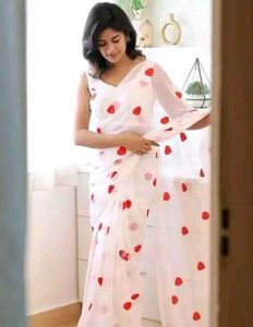 Elegant White Saree with Red heart design Dots