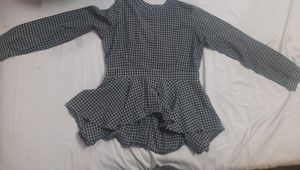 Pinwheel- Grey Checked Peplum Top, S-SIZE