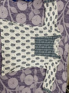 White &amp; Navy Blue Printed Short Kurti