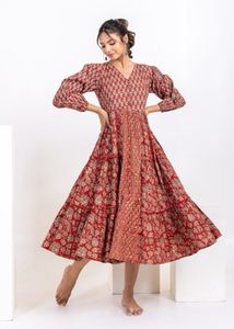 Hand Block Print Rust Midi Dress