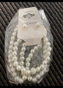 Pearl Necklace and Bracelet Set with Earrings
