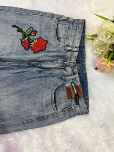 Women's Wide Leg Jeans with Rose Patch