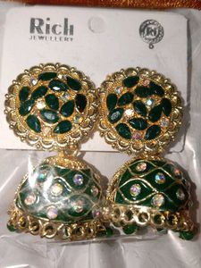 Green Jhumka Earrings with Gold Accents