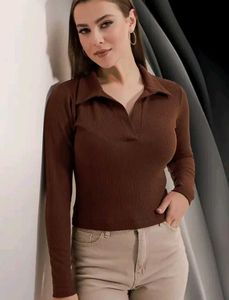 Brown Ribbed Long Sleeve Collared Top