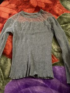 Gray Ribbed Knit Top with Pearl Detail