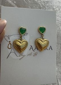 Gold Heart Earrings with Green Stone