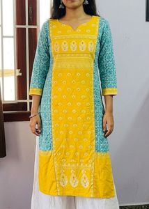 Yellow & Teal Print Kurta