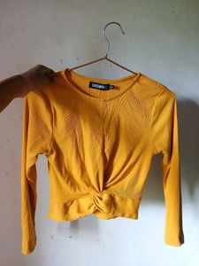 Mustard Yellow Ribbed Long-Sleeve Front-Twist Crop
