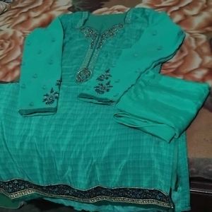 Teal Embroidered shiffon Kurta Set