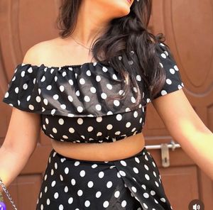 Polka Dot Off-Shoulder Crop Top &amp; Skirt Set🖤