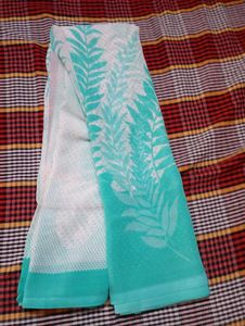 used Elegant Teal Leaf Print Saree