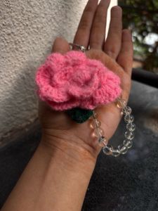 Crocheted Pink Rose Keychain 🌸