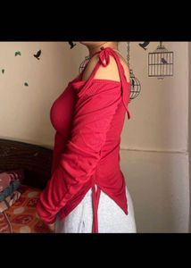 Red Cold Shoulder Tie-Up Top