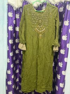 Embellished Olive Green Kurta