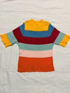 Colorful Striped Ribbed Mock Neck Top