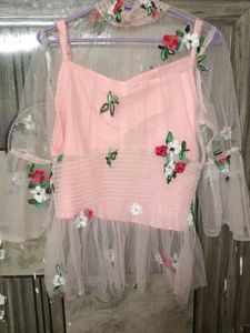 floral hand embroidered peach waist snatched top