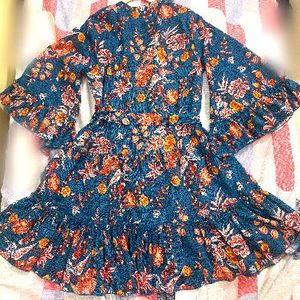 Boho Floral Print Dress with Bell Sleeves