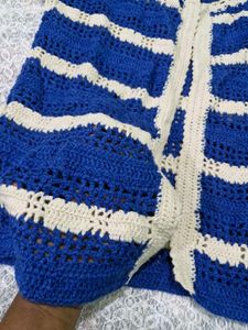 Blue &amp; White Striped Crochet Cardigan