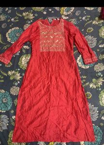 Elegant Red Kurta with Embellished Neckline