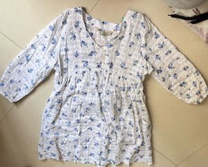 White Blue Floral Tunic Top