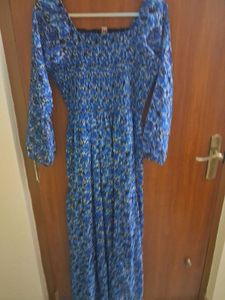 Blue Floral Smocked Square Neck Maxi Dress