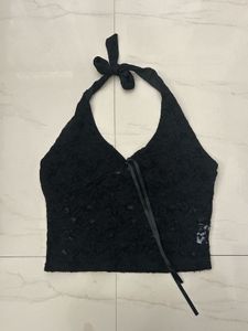 Black Lace Halter Neck Crop Top