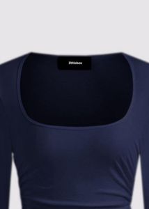 Navy Blue Lace Trim Long Sleeve Top
