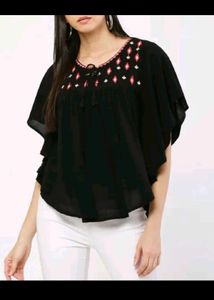 Boho Black Tunic Top with Embroidered Neckline
