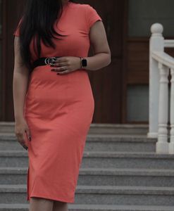 Orange Ribbed body con Dress