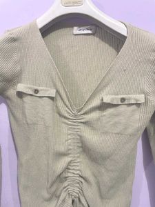 Ribbed Ruched V-Neck Top