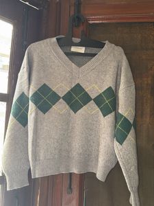 Grey Argyle V-Neck Sweater