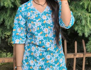Blue Floral V-Neck short kurti