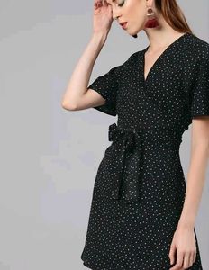 Black Polka Dot Front-Tie Mini Dress / Tunic Top