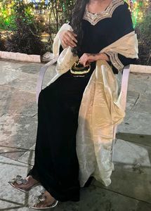 Black Velvet kaftan set with Neck hand work lace
