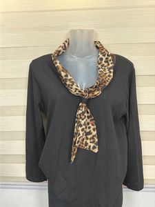 Chic Black Top with Leopard Print Scarf Detail