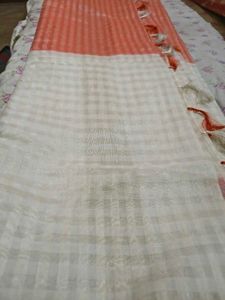 Peach &amp; Cream Checked Saree with Golden Border | E