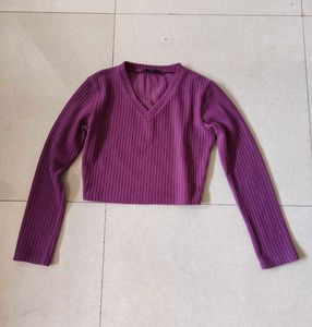 Ribbed V-Neck Cropped Long Sleeve Top