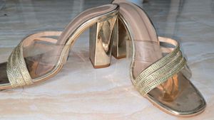 Golden Block Heels with Sparkle Straps