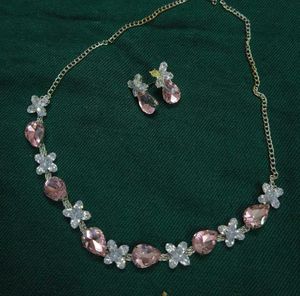 Pink Crystal Necklace &amp; Earrings Set