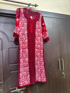 Chikankari Red Kurti With White Threadwork