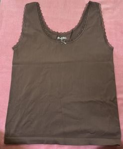 Brown Ribbed Tank Top with Lace Trim