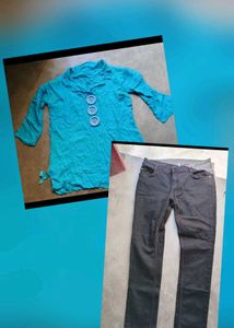 Turquoise Top & Black Jeans with Red Bord