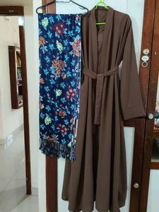 Elegant Brown Abaya Set and a blue floral dupatta