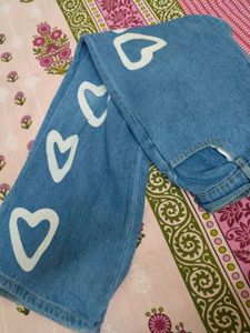 Cute Heart Print Denim Jeans